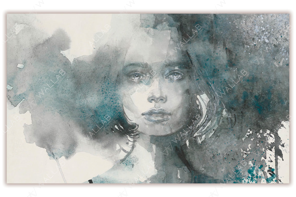 A watercolor painting featuring the ethereal portrait of a woman with expressive eyes and a serene expression. The artwork uses a blend of muted tones and splashes of teal, creating a dreamy, abstract background that adds depth and emotion to the piece.