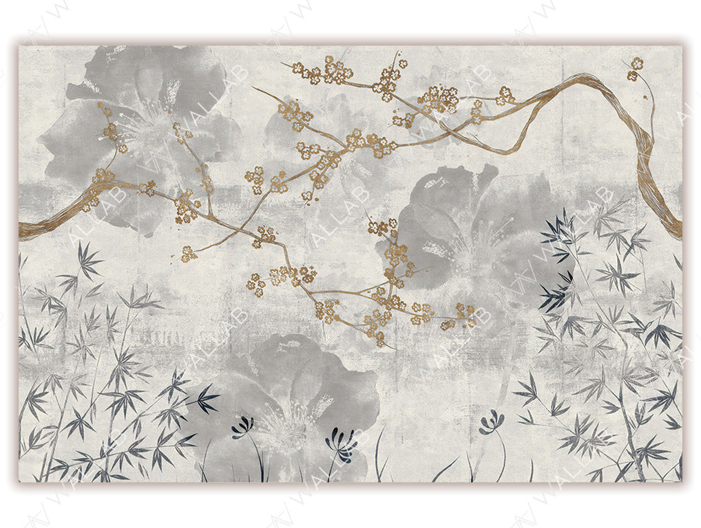 A decorative mural featuring delicate cherry blossoms on a winding branch, set against a textured background with soft floral and bamboo motifs. The blend of accents and muted tones creates an elegant, Asian-inspired aesthetic, ideal for a serene and sophisticated space.