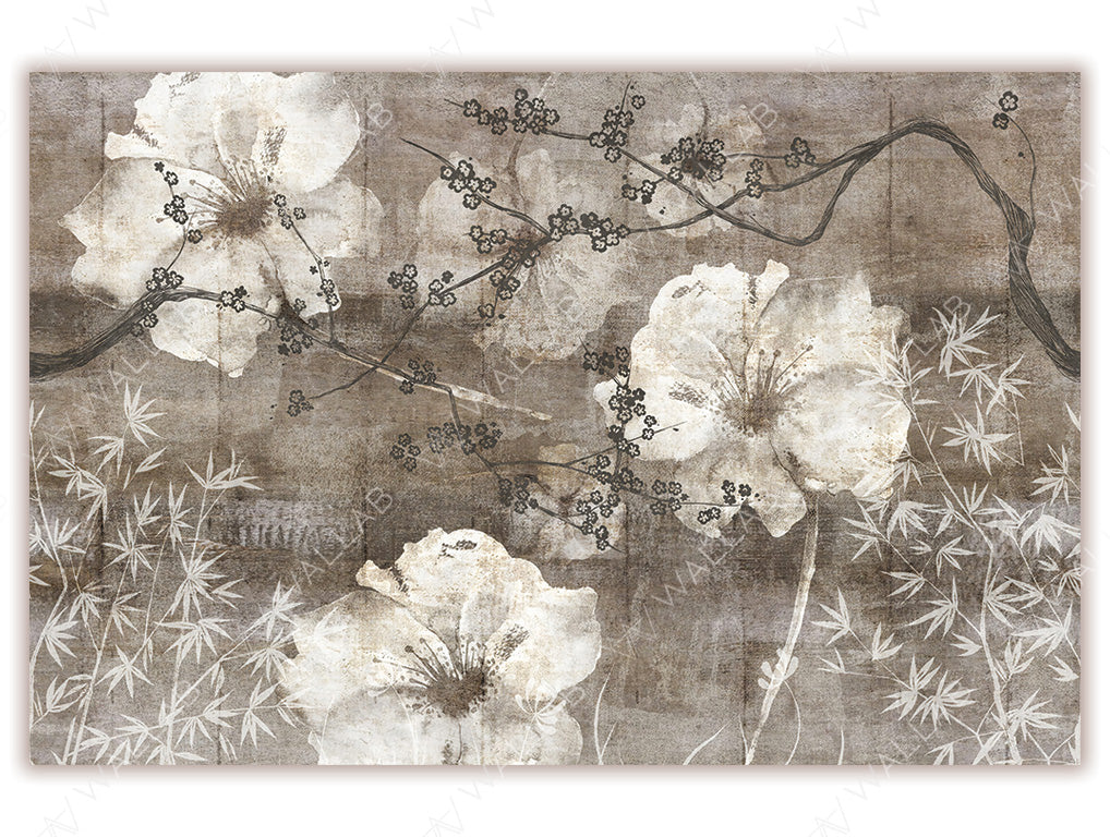 A decorative mural featuring delicate cherry blossoms on a winding branch, set against a textured background with soft floral and bamboo motifs. The blend of accents and muted tones creates an elegant, Asian-inspired aesthetic, ideal for a serene and sophisticated space.