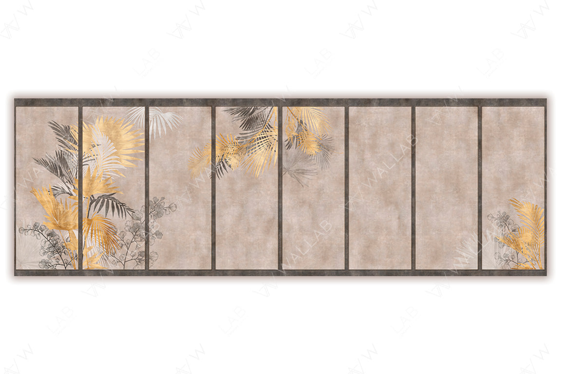 A decorative wall panel design featuring vertical sections with muted beige backgrounds adorned with artistic foliage. Vibrant yellow and gray palm leaves elegantly emerge from different sections, creating a harmonious and balanced botanical theme with a modern, sophisticated touch.