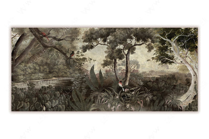 A lush, tropical forest scene with intricate details of flora and fauna. The foreground features dense foliage, while vibrant tropical birds perch on branches amidst tall, leafy trees. The muted, natural color palette creates a serene and immersive jungle atmosphere.