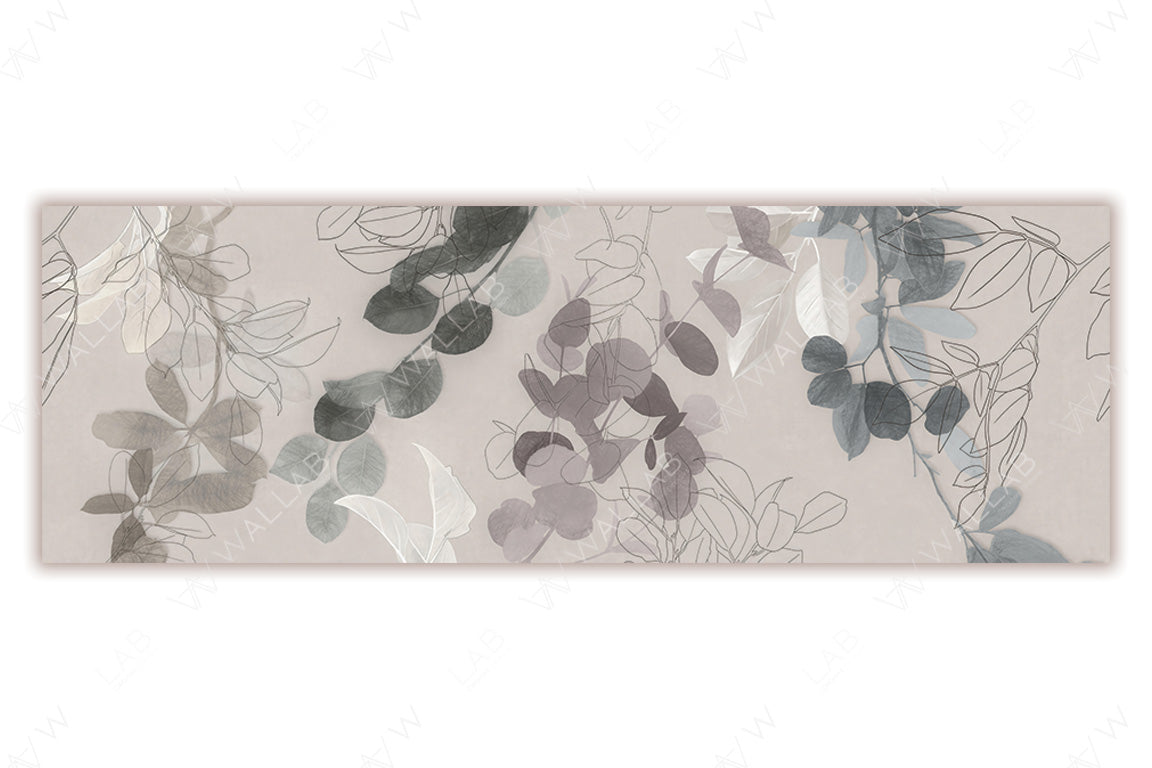 A soft, botanical-themed illustration featuring delicate overlapping leaves and stems in muted shades of gray, green, and blue. The translucent effect and hand-drawn outlines create a modern, airy design with an elegant, natural feel.