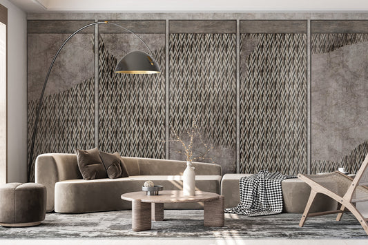 A contemporary mural featuring a panel design with textured stone surfaces and intricate geometric patterns in a monochromatic gray palette. The combination of organic textures and structured lines creates a modern and sophisticated architectural aesthetic.