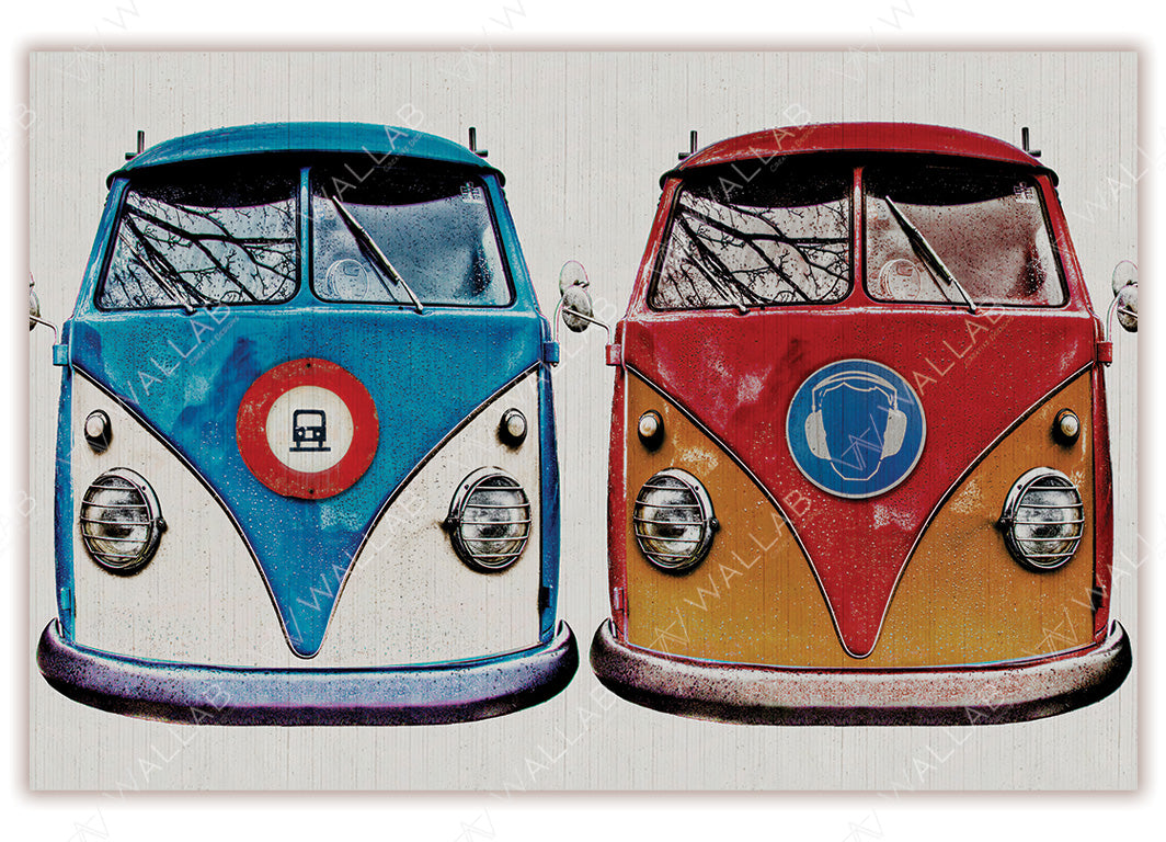 A vibrant mural featuring two retro Volkswagen-style vans side by side. The left van is blue and white with a circular red sign containing a bus icon, while the right van is red and orange with a blue circle featuring a headphone graphic. Both vans have detailed reflections in their windshields, evoking a nostalgic, vintage road-trip vibe.