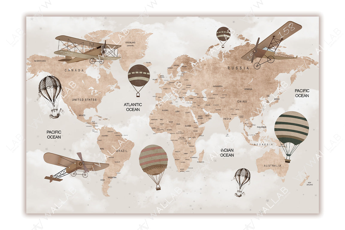 This world map illustration features a vintage aviation theme with sepia tones. It includes labeled continents and oceans, overlaid with retro-style airplanes and hot air balloons. The clouds and scattered stars add a whimsical and nostalgic touch, enhancing the map's adventurous aesthetic.