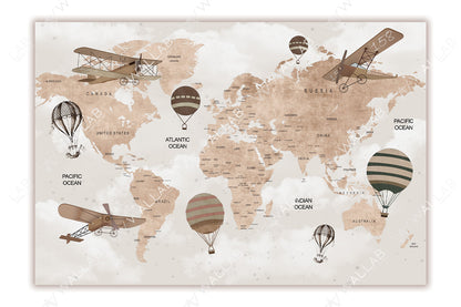 This world map illustration features a vintage aviation theme with sepia tones. It includes labeled continents and oceans, overlaid with retro-style airplanes and hot air balloons. The clouds and scattered stars add a whimsical and nostalgic touch, enhancing the map's adventurous aesthetic.