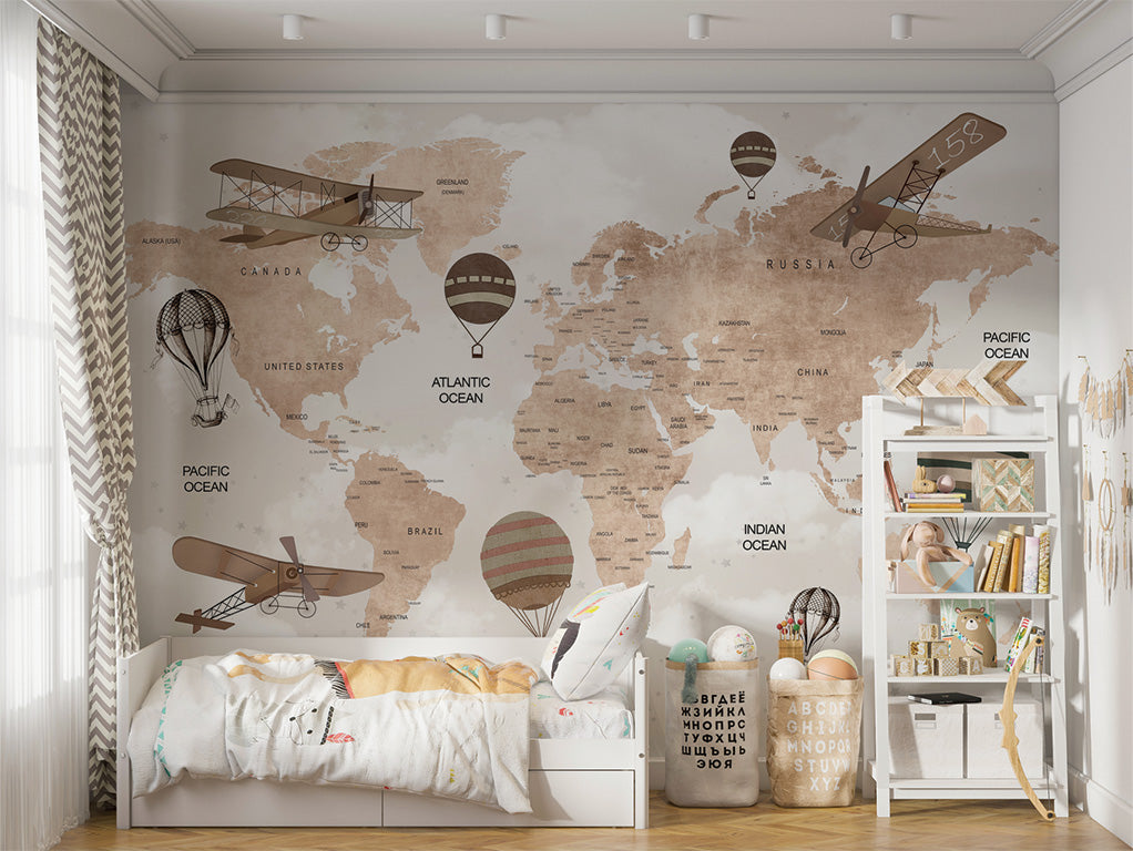 This world map illustration features a vintage aviation theme with sepia tones. It includes labeled continents and oceans, overlaid with retro-style airplanes and hot air balloons. The clouds and scattered stars add a whimsical and nostalgic touch, enhancing the map's adventurous aesthetic.