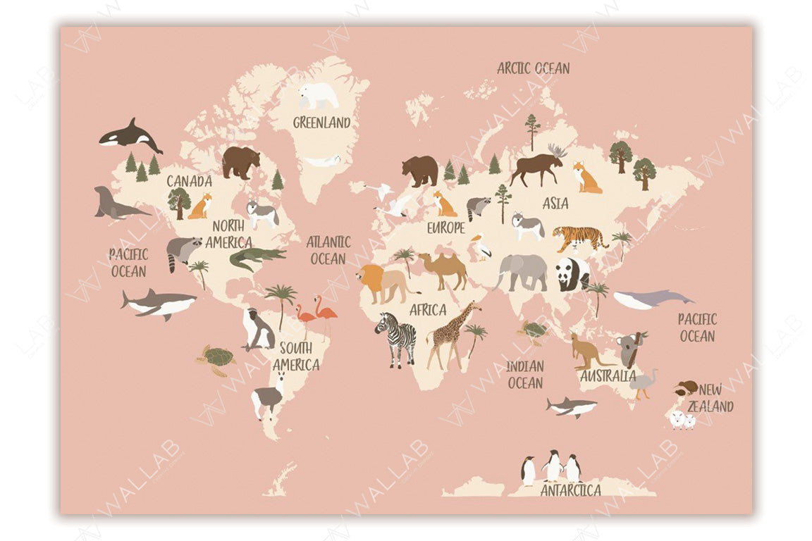 This illustrated world map features a soft background with continents labelled and decorated with region-specific animals. Examples include polar bears in Greenland, lions and giraffes in Africa, and pandas in Asia. Oceans are named, and the map includes aquatic life such as whales and sharks, creating a whimsical educational piece.