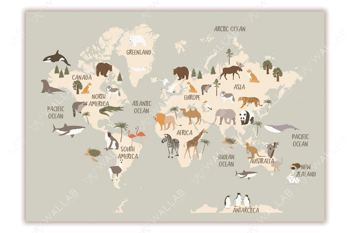 This illustrated world map features a soft background with continents labelled and decorated with region-specific animals. Examples include polar bears in Greenland, lions and giraffes in Africa, and pandas in Asia. Oceans are named, and the map includes aquatic life such as whales and sharks, creating a whimsical educational piece.