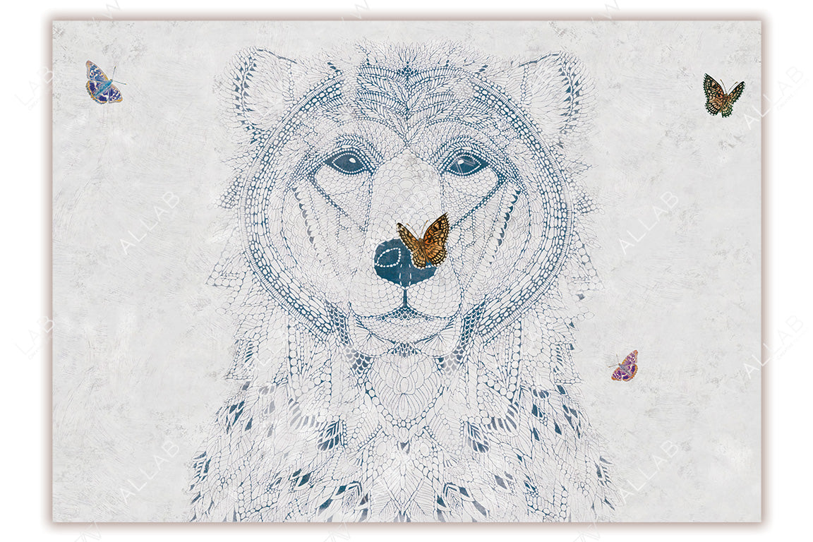 A highly detailed and symmetrical illustration of a bear's face, intricately drawn with fine, lace-like patterns. A vibrant butterfly rests on the bear's nose, with additional butterflies fluttering around, adding pops of color to the soft, textured background. The design combines elements of nature and art in a harmonious and visually captivating manner.