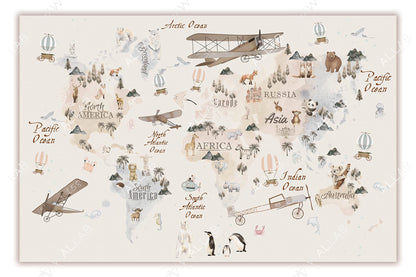 This illustrated aviator-themed world map showcases continents with charming animal icons and vintage airplanes flying above. Each region features distinct wildlife, like polar bears in the Arctic, lions and giraffes in Africa, and pandas in Asia, alongside subtle landmarks and ocean-themed illustrations. The map is detailed yet whimsical, combining exploration with a playful design.