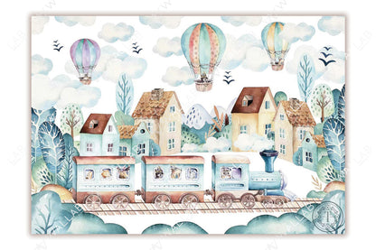 Watercolor illustration features a picturesque village with charming houses and lush trees, set against a backdrop of snowy mountains. A whimsical train with animal passengers rolls along the tracks, while colorful hot air balloons float serenely in the sky. The scene radiates a dreamy, adventurous atmosphere filled with soft pastel tones.