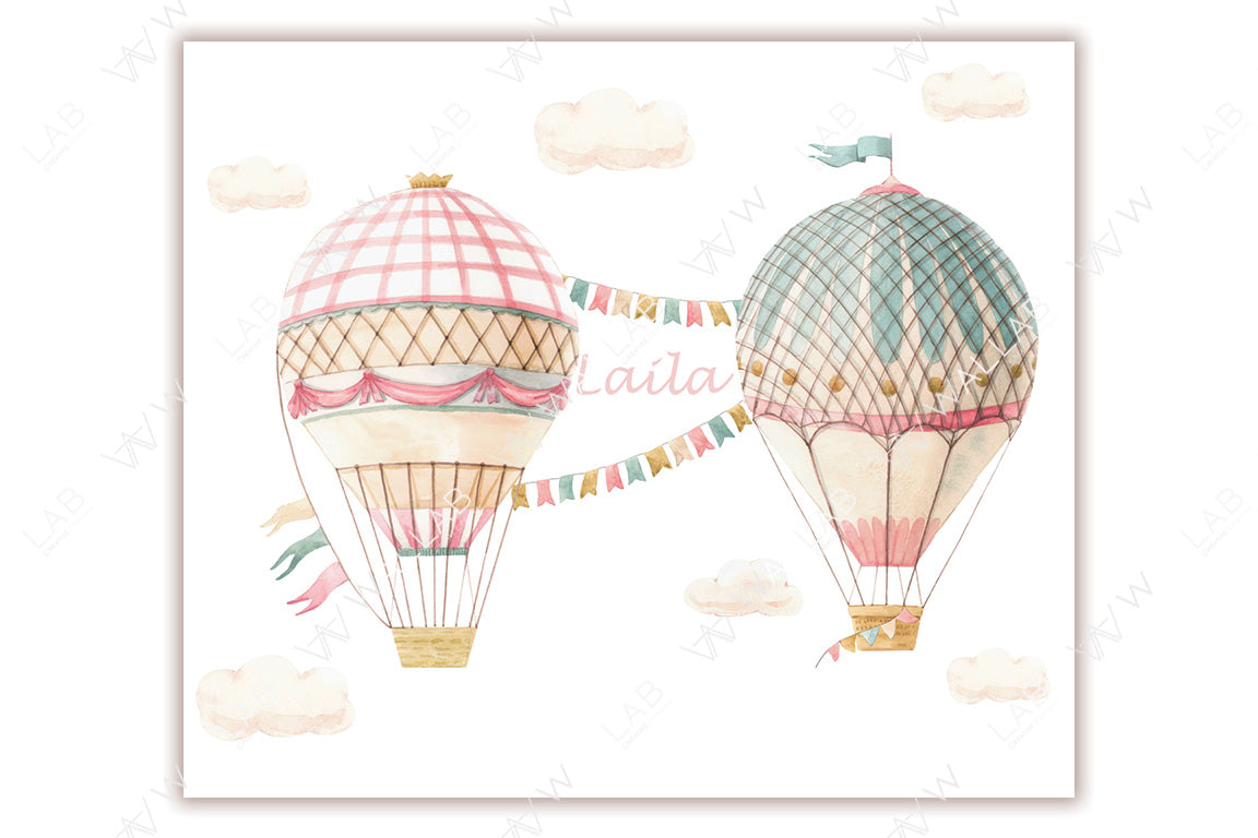 The image features elegant, pastel-colored hot air balloons with intricate patterns and decorative bunting connecting them, accompanied by fluffy clouds in a soft watercolor style. The name "Laila" is written between the balloons in a gentle script, adding a personalized touch. The composition evokes a dreamy and serene atmosphere, perfect for a whimsical or child-themed design.