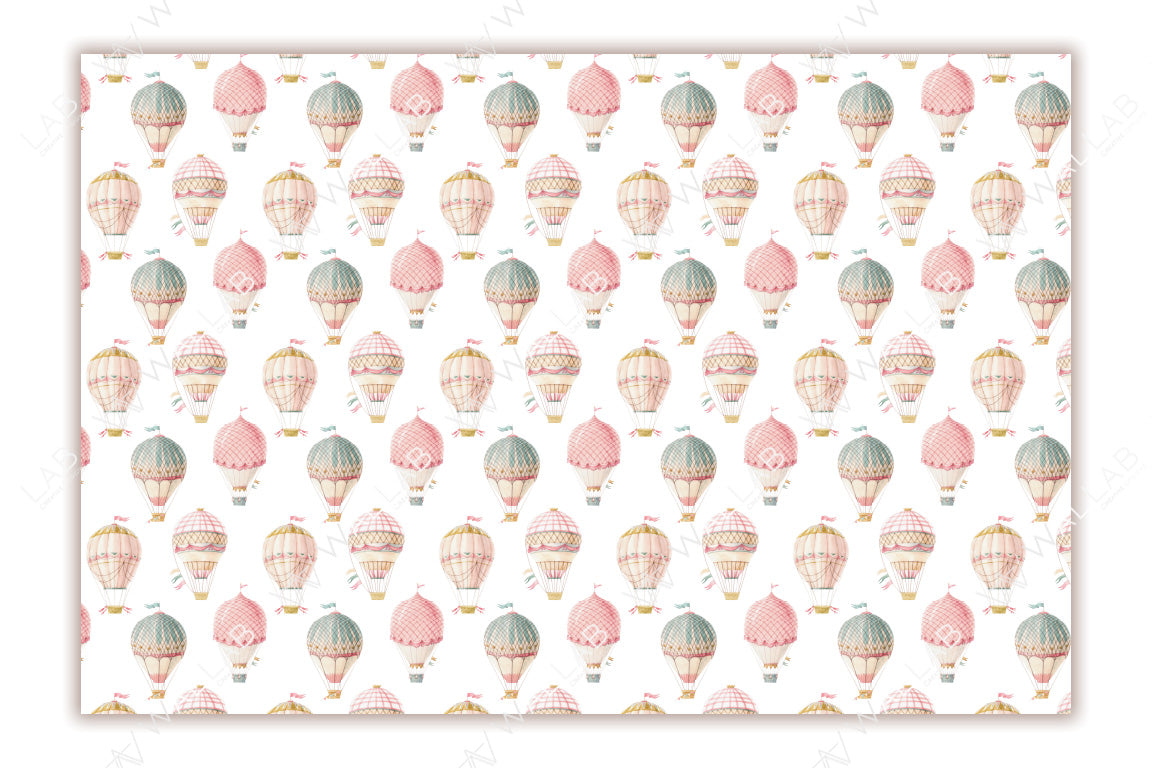 The image features elegant, pastel-colored hot air balloons with intricate patterns and decorative bunting connecting them, accompanied by fluffy clouds in a soft watercolor style. The composition evokes a dreamy and serene atmosphere, perfect for a whimsical or child-themed design.