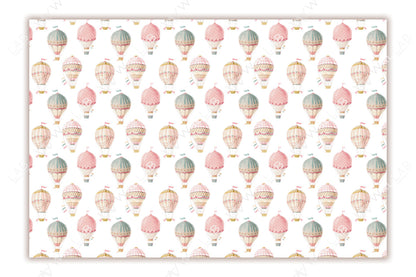 The image features elegant, pastel-colored hot air balloons with intricate patterns and decorative bunting connecting them, accompanied by fluffy clouds in a soft watercolor style. The composition evokes a dreamy and serene atmosphere, perfect for a whimsical or child-themed design.