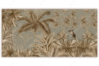 A tropical mural featuring lush palm trees and exotic plants in sepia tones, with a toucan perched on a branch. The monochromatic palette and detailed foliage create a vintage, sophisticated jungle ambiance.