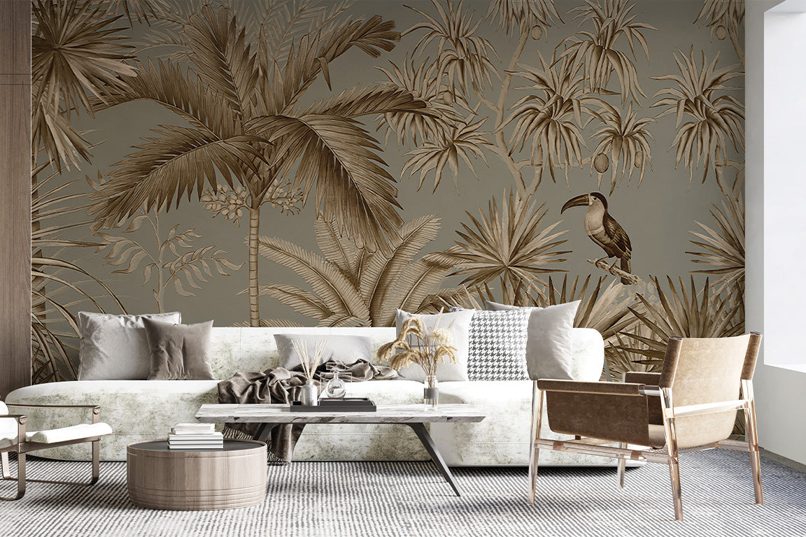 A tropical mural featuring lush palm trees and exotic plants in sepia tones, with a toucan perched on a branch. The monochromatic palette and detailed foliage create a vintage, sophisticated jungle ambiance.