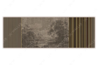 A sepia-toned landscape artwork depicting a serene river surrounded by tall trees and cloudy skies, evoking a vintage or classical aesthetic. The scene is bordered by textured vertical stripes on either side in earthy shades of brown, gold, and olive, adding a modern contrast to the classical center.