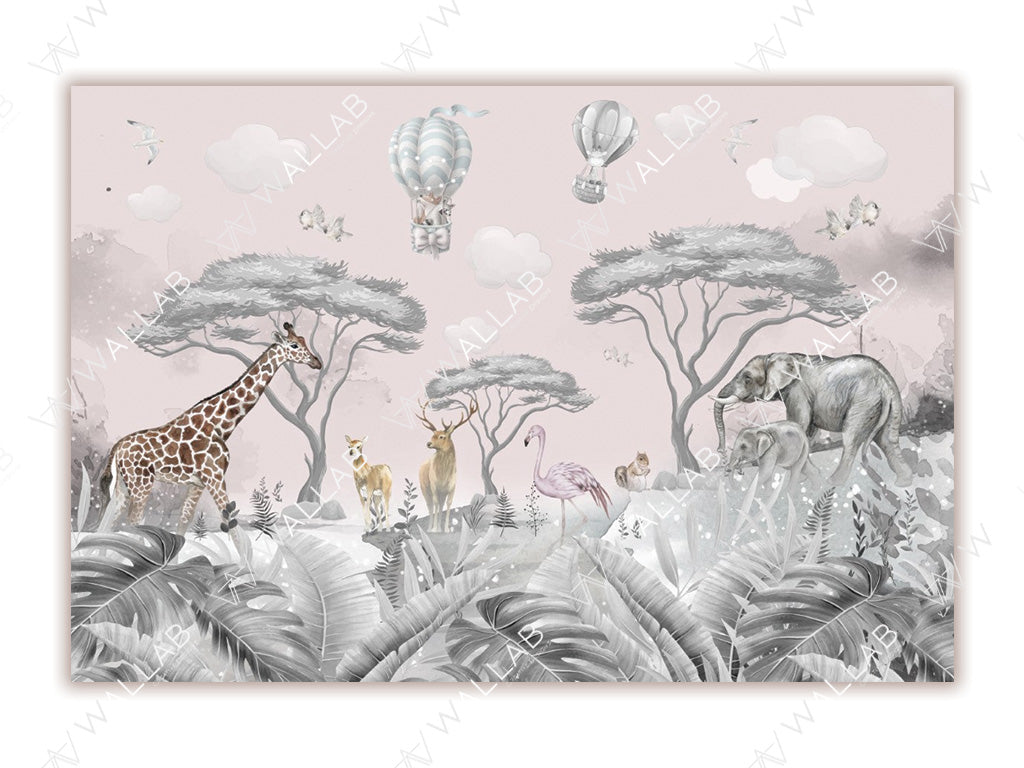 This illustration showcases a serene jungle scene with a soft pink backdrop. It features a giraffe, flamingo, deer, and elephants amidst acacia trees, tropical foliage, and delicate flowers. The sky above includes whimsical hot air balloons, soft clouds, and flying birds, creating a dreamy, safari-inspired atmosphere.