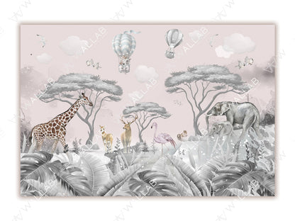 This illustration showcases a serene jungle scene with a soft pink backdrop. It features a giraffe, flamingo, deer, and elephants amidst acacia trees, tropical foliage, and delicate flowers. The sky above includes whimsical hot air balloons, soft clouds, and flying birds, creating a dreamy, safari-inspired atmosphere.