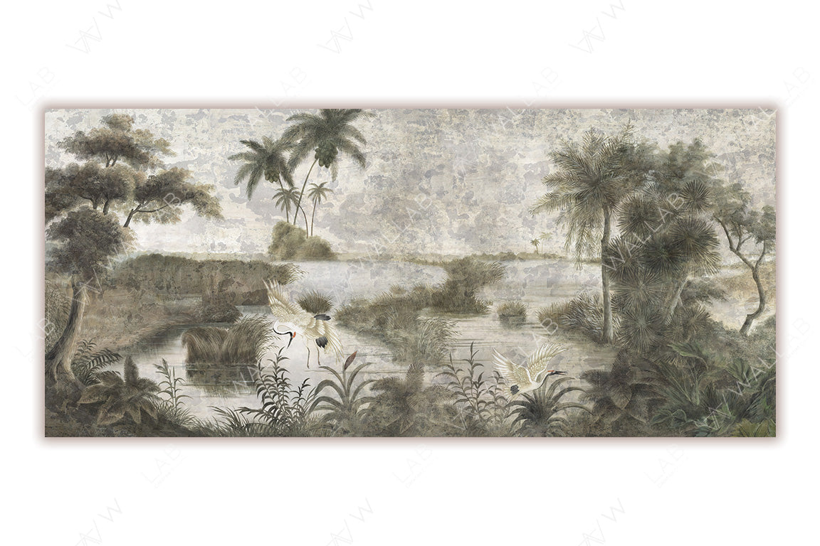 A tranquil wetland landscape with lush greenery, palm trees, and other tropical foliage surrounding a calm water body. Elegant white cranes and other water birds add life to the serene scenery. The soft, earthy tones evoke a peaceful and natural ambiance.