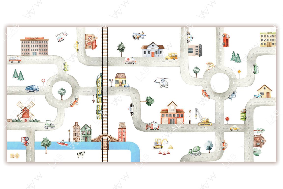 A playful map of a city featuring roads, roundabouts, and buildings like a hospital, school, fire station, and library. Various vehicles, including cars, buses, helicopters, and a boat, are scattered throughout, along with elements like a railroad, windmill, and construction machinery. Perfect for children's educational content or a whimsical decor theme, the artwork emphasizes exploration and city life.