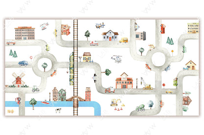 A playful map of a city featuring roads, roundabouts, and buildings like a hospital, school, fire station, and library. Various vehicles, including cars, buses, helicopters, and a boat, are scattered throughout, along with elements like a railroad, windmill, and construction machinery. Perfect for children's educational content or a whimsical decor theme, the artwork emphasizes exploration and city life.