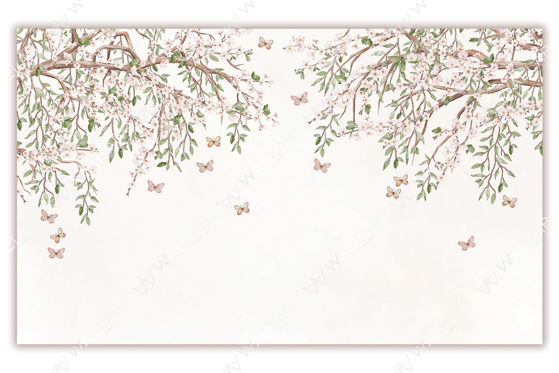  A delicate cherry blossom branches arching from the top, adorned with soft pink flowers and green leaves. Butterflies flutter gracefully around, adding a whimsical and serene touch to the pale background. Ideal for designs that evoke springtime, nature, and tranquillity.