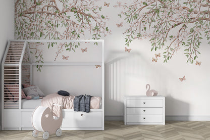  A delicate cherry blossom branches arching from the top, adorned with soft pink flowers and green leaves. Butterflies flutter gracefully around, adding a whimsical and serene touch to the pale background. Ideal for designs that evoke springtime, nature, and tranquillity.