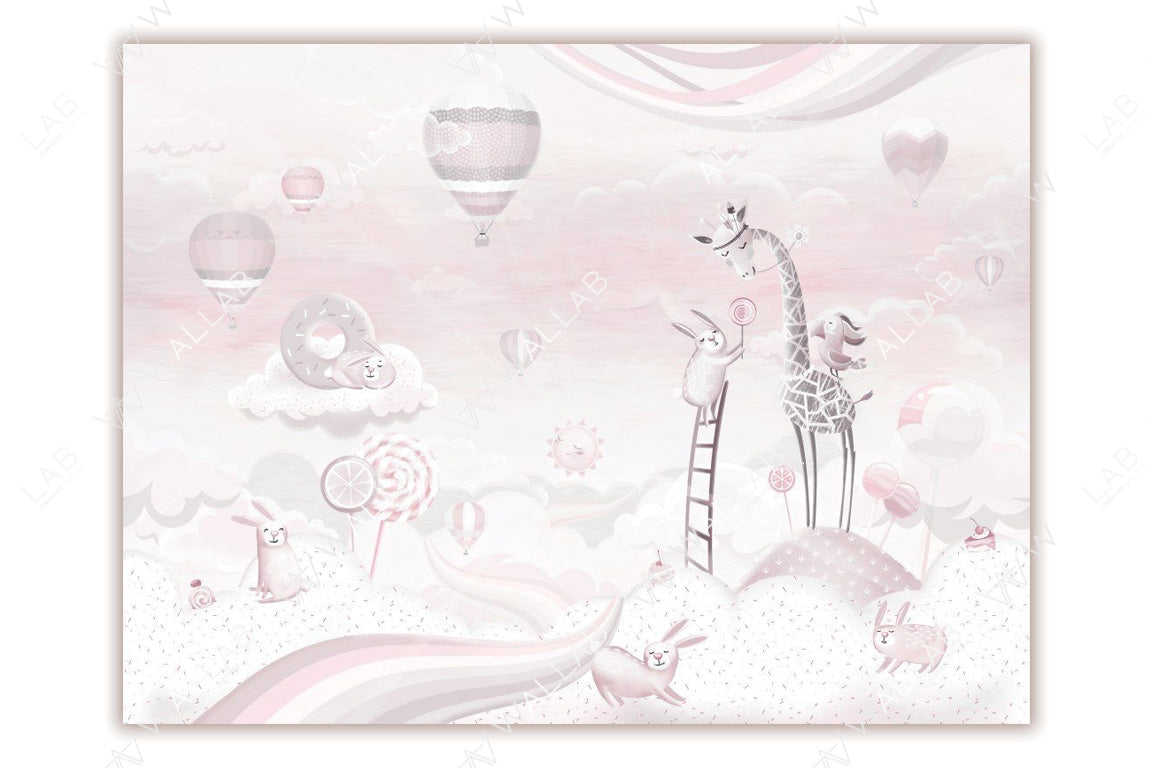 A whimsical, pastel-colored illustration featuring playful animals, such as bunnies and a giraffe, in a dreamy cloud-filled landscape. Hot air balloons, candy-shaped elements, and a soft background add to the enchanting and surreal atmosphere. The scene is perfect for a child’s room or nursery decor, evoking a sense of imagination and joy.