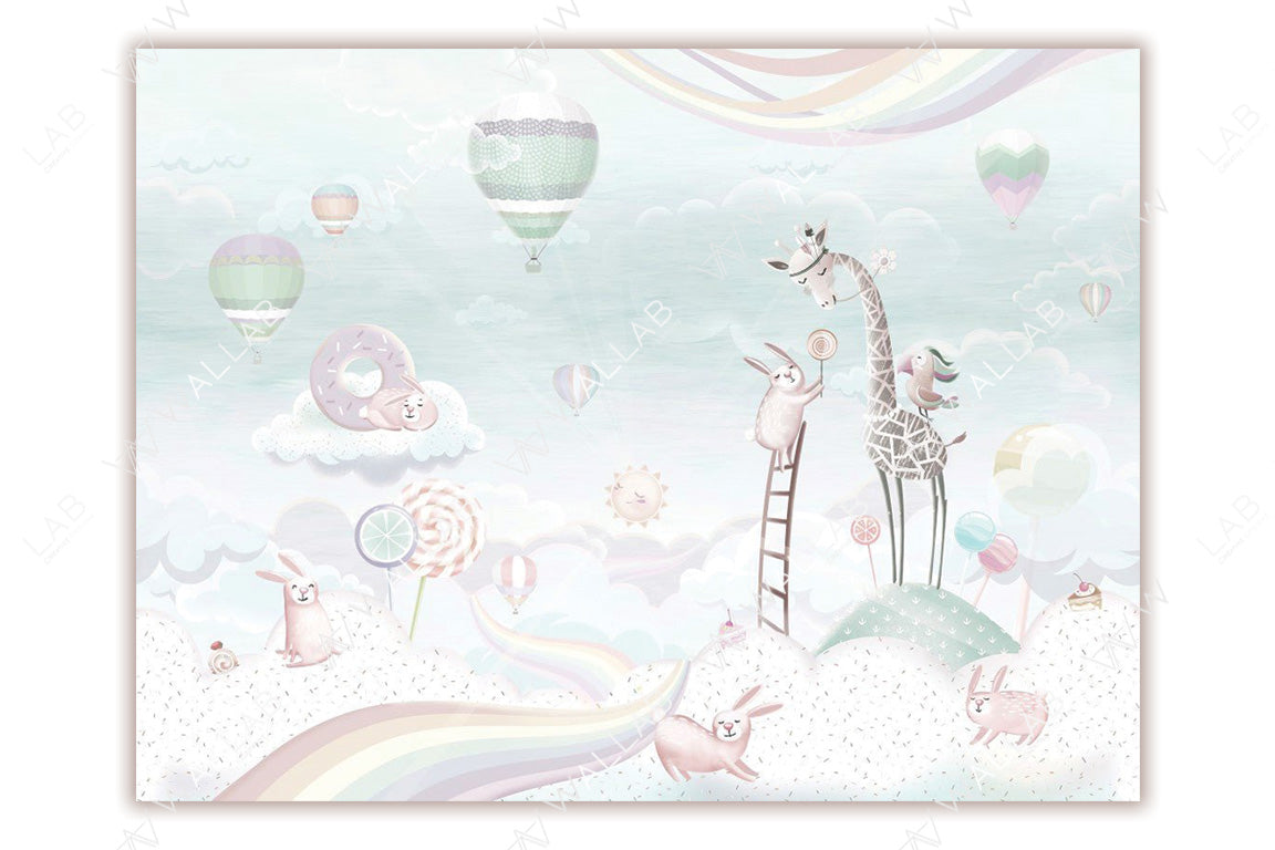 A whimsical, pastel-colored illustration featuring playful animals, such as bunnies and a giraffe, in a dreamy cloud-filled landscape. Hot air balloons, candy-shaped elements, and a soft background add to the enchanting and surreal atmosphere. The scene is perfect for a child’s room or nursery decor, evoking a sense of imagination and joy.