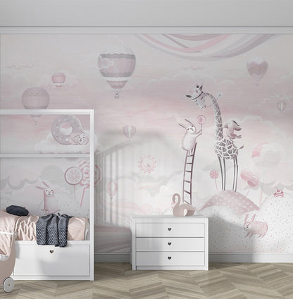 A whimsical, pastel-colored illustration featuring playful animals, such as bunnies and a giraffe, in a dreamy cloud-filled landscape. Hot air balloons, candy-shaped elements, and a soft background add to the enchanting and surreal atmosphere. The scene is perfect for a child’s room or nursery decor, evoking a sense of imagination and joy.