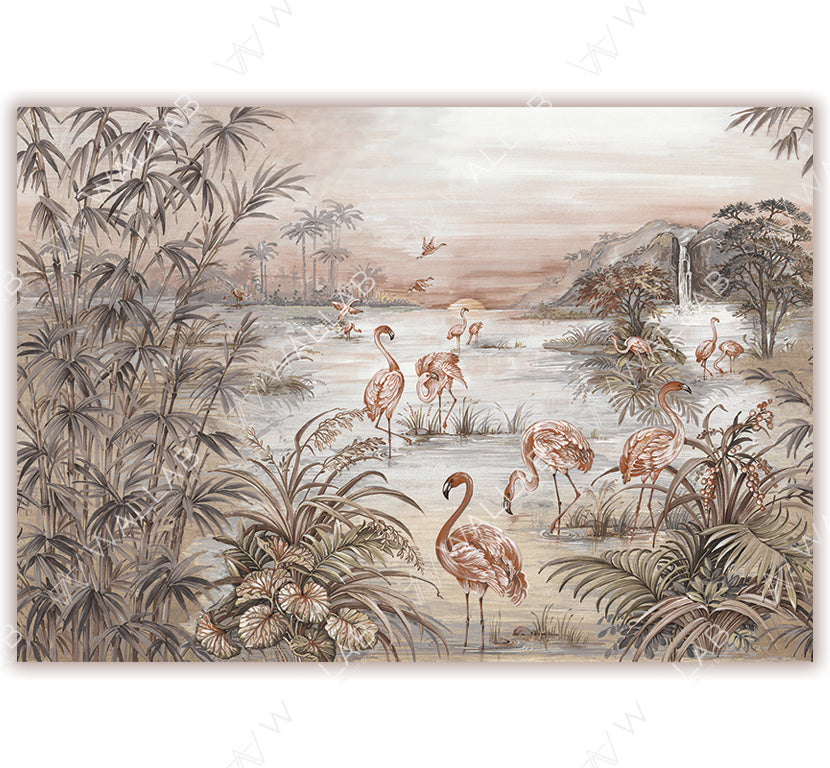 A wallpaper design depicting a tropical landscape with pink flamingos wading in calm waters surrounded by lush foliage, bamboo trees, and distant hills. The soft, earthy tones and watercolor-like brush strokes create a tranquil and elegant atmosphere.