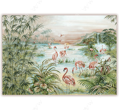 A wallpaper design depicting a tropical landscape with pink flamingos wading in calm waters surrounded by lush foliage, bamboo trees, and distant hills. The soft, earthy tones and watercolor-like brush strokes create a tranquil and elegant atmosphere.