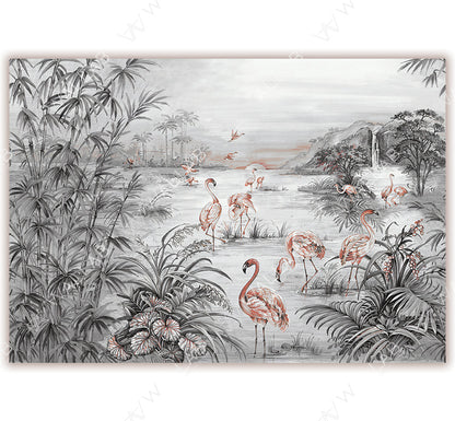 A wallpaper design depicting a tropical landscape with pink flamingos wading in calm waters surrounded by lush foliage, bamboo trees, and distant hills. The soft, earthy tones and watercolor-like brush strokes create a tranquil and elegant atmosphere.