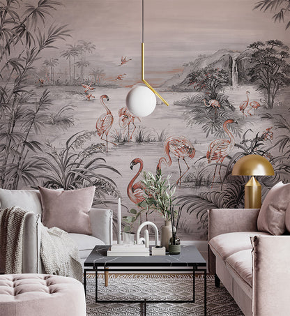 A wallpaper design depicting a tropical landscape with pink flamingos wading in calm waters surrounded by lush foliage, bamboo trees, and distant hills. The soft, earthy tones and watercolor-like brush strokes create a tranquil and elegant atmosphere.