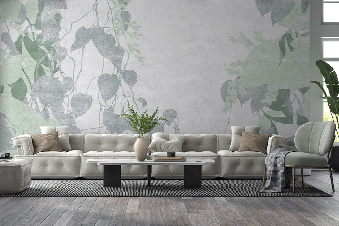 A soft and calming mural design featuring delicate green foliage and climbing vines against a light, textured background. The botanical elements create a tranquil and natural atmosphere, perfect for a serene and refreshing aesthetic.