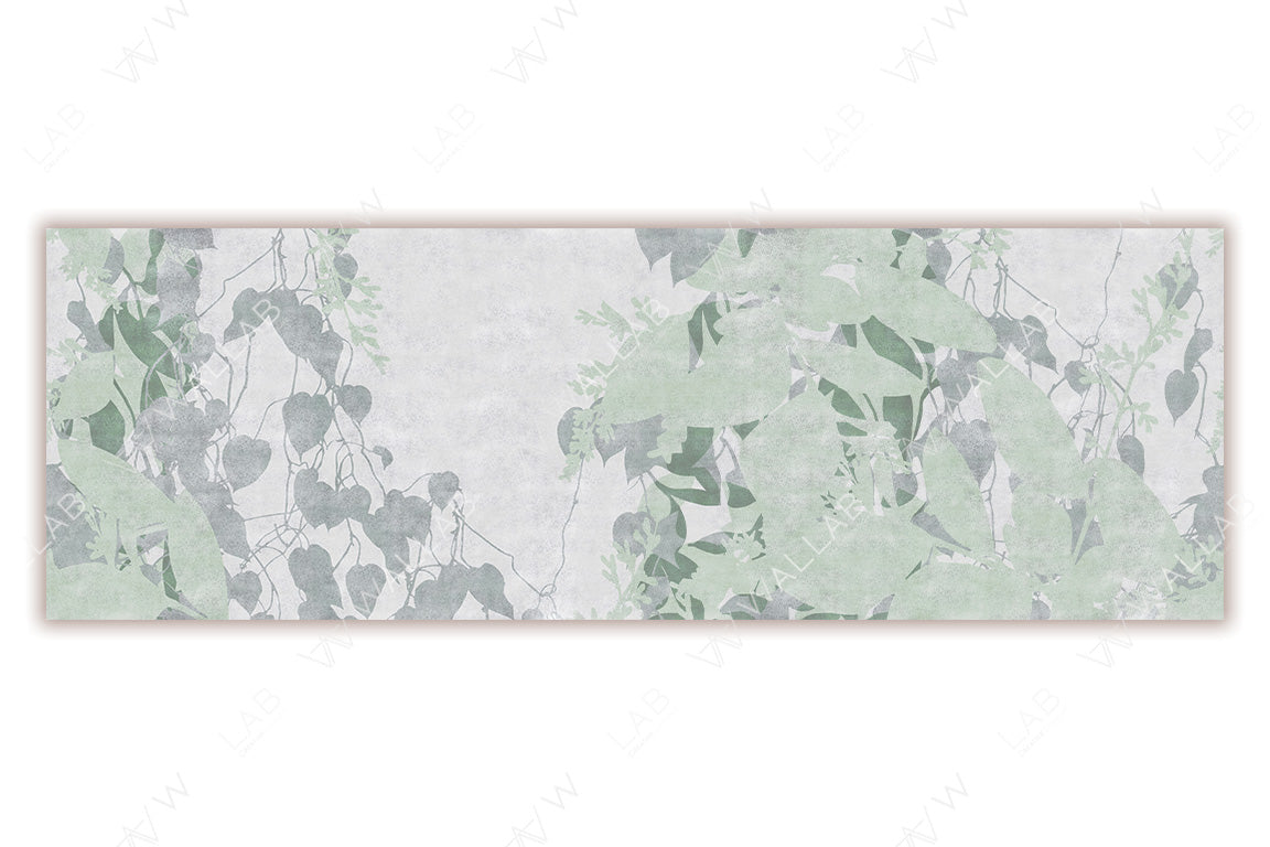 A soft and calming mural design featuring delicate green foliage and climbing vines against a light, textured background. The botanical elements create a tranquil and natural atmosphere, perfect for a serene and refreshing aesthetic.