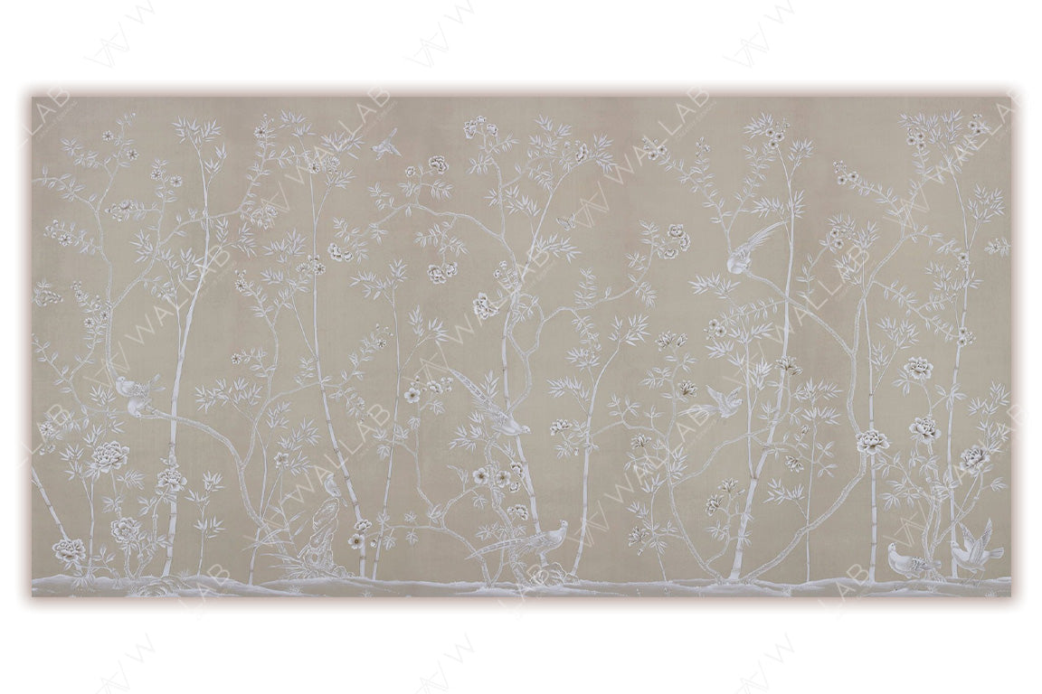 A monochromatic botanical scene with delicate flowering branches and scattered birds perched and in flight. The subtle beige background enhances the intricate white detailing of the flora and fauna, creating an elegant and tranquil atmosphere. Perfect for minimalist and refined interiors.