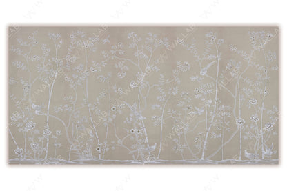 A monochromatic botanical scene with delicate flowering branches and scattered birds perched and in flight. The subtle beige background enhances the intricate white detailing of the flora and fauna, creating an elegant and tranquil atmosphere. Perfect for minimalist and refined interiors.