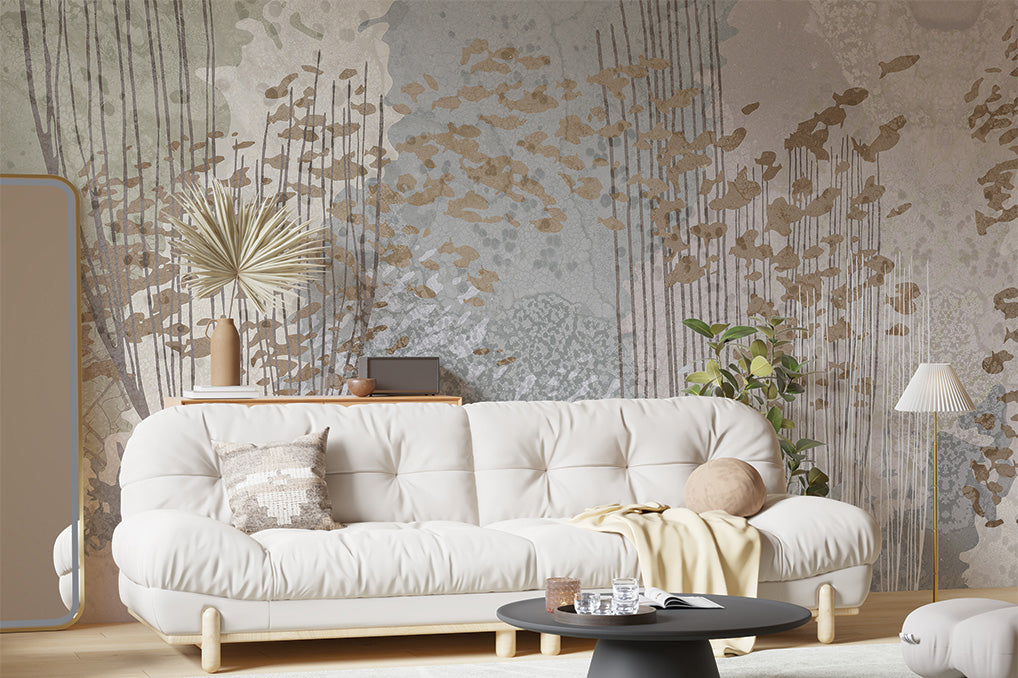 A serene mural featuring a blend of abstract botanical shapes and soft foliage in muted. Subtle accents and linear patterns add texture and depth, creating a modern yet natural aesthetic perfect for tranquil spaces.