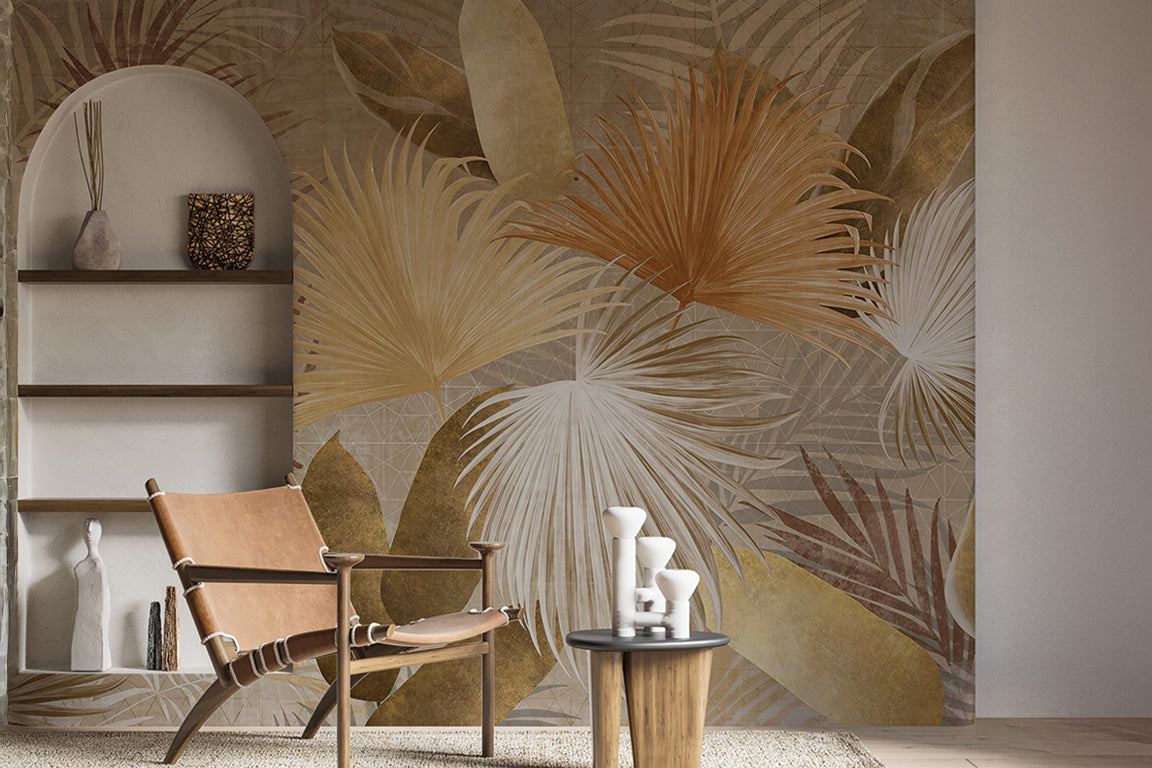 A tropical-inspired mural featuring large, stylized palm leaves and foliage. The overlapping design creates depth and texture, while the warm earthy tones evoke a sense of natural elegance and sophistication.