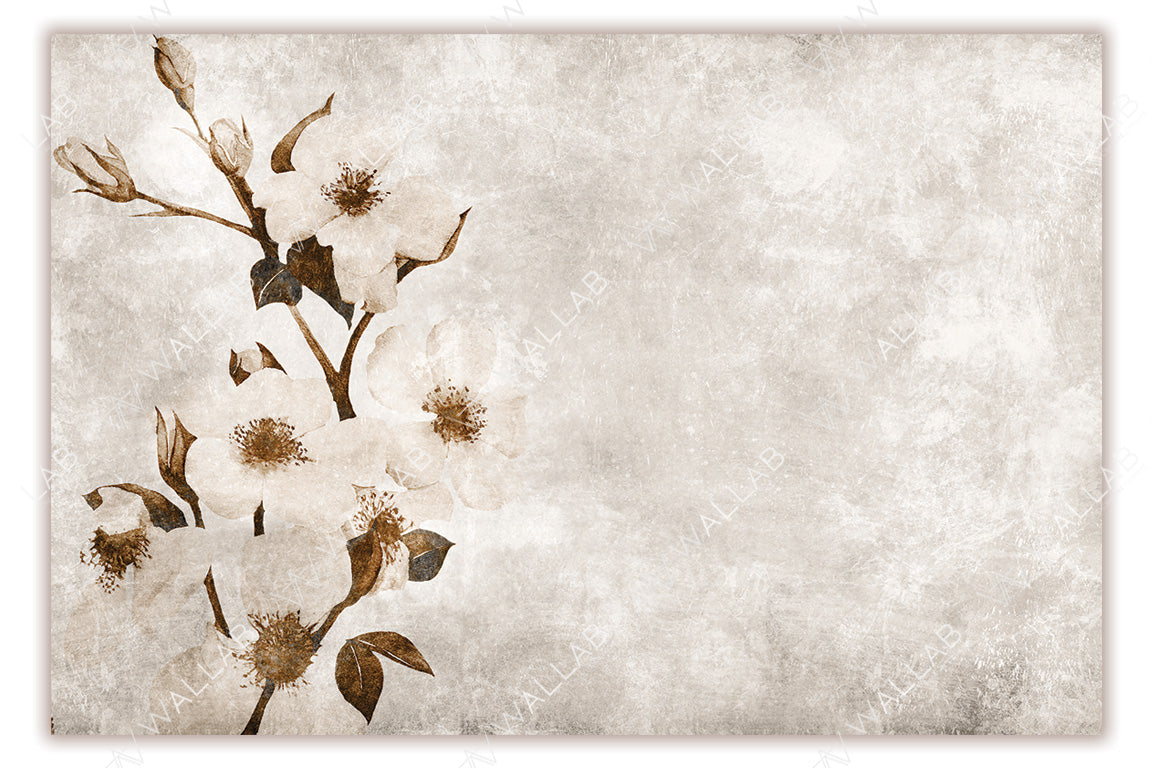 A serene mural featuring delicate white flowers with sepia-toned stems and leaves against a softly textured, neutral background. The subtle design and muted tones create an elegant, timeless, and calming floral aesthetic.