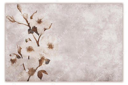 A serene mural featuring delicate white flowers with sepia-toned stems and leaves against a softly textured, neutral background. The subtle design and muted tones create an elegant, timeless, and calming floral aesthetic.