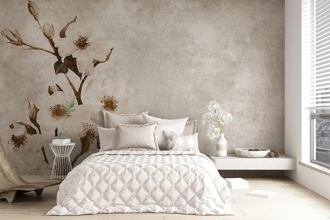 A serene mural featuring delicate white flowers with sepia-toned stems and leaves against a softly textured, neutral background. The subtle design and muted tones create an elegant, timeless, and calming floral aesthetic.