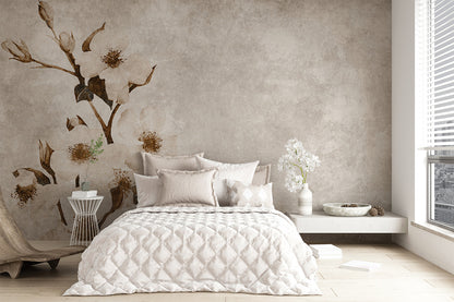 A serene mural featuring delicate white flowers with sepia-toned stems and leaves against a softly textured, neutral background. The subtle design and muted tones create an elegant, timeless, and calming floral aesthetic.