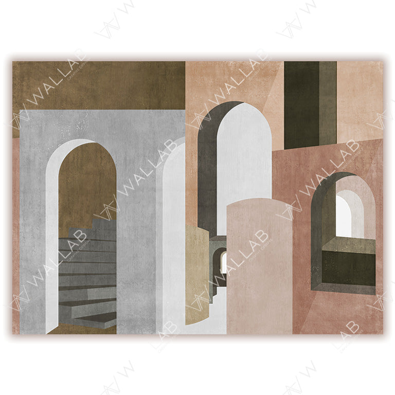 This artwork showcases an abstract architectural design featuring arched doorways, staircases, and layered geometric shapes in muted earth tones. The minimalist composition plays with light, shadows, and perspective, creating a sense of depth and tranquility.