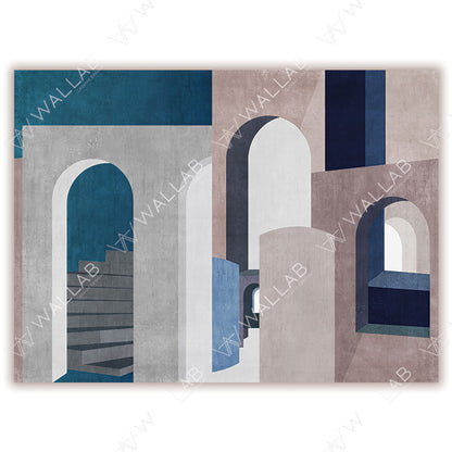 This artwork showcases an abstract architectural design featuring arched doorways, staircases, and layered geometric shapes in muted earth tones. The minimalist composition plays with light, shadows, and perspective, creating a sense of depth and tranquility.