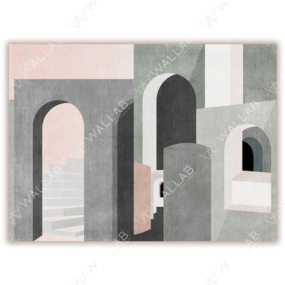 This artwork showcases an abstract architectural design featuring arched doorways, staircases, and layered geometric shapes in muted earth tones. The minimalist composition plays with light, shadows, and perspective, creating a sense of depth and tranquility.