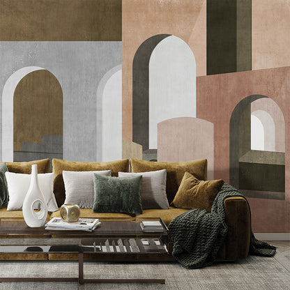 This artwork showcases an abstract architectural design featuring arched doorways, staircases, and layered geometric shapes in muted earth tones. The minimalist composition plays with light, shadows, and perspective, creating a sense of depth and tranquility.